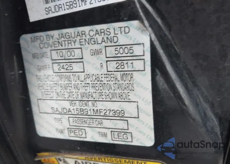 2001 Jaguar Xjr from USA, damaged, VIN SAJDA15B91MF27399